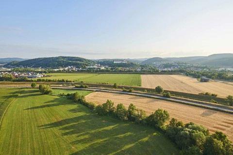Aerial view over the fields and forests near Woerth an der Donau