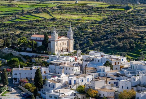 View over the village of Lefkes with white Cycladic houses