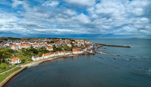 Aerial panorama of the fishing village of Pittenweem on the Firth of Forth