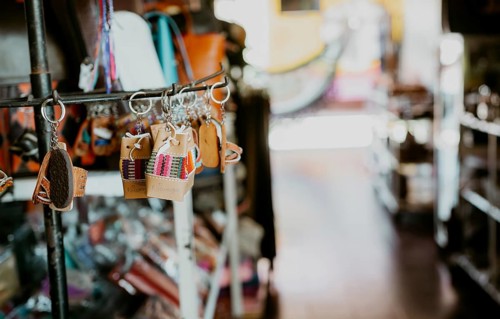 Close up of handmade keychains in the Masaya handicraft market. Keychains and souvenirs in the Masaya handicraft market