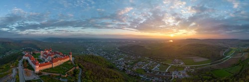 Aerial view of Goettweig Abbey and sunrise over the Danube