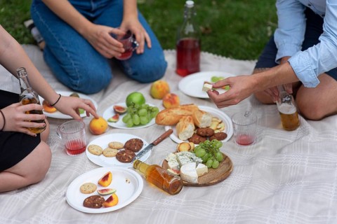 Close up friends eating picnic