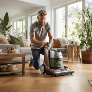 Family man vacuuming in the household