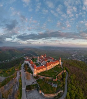 Aerial view of Goettweig Abbey at sunrise