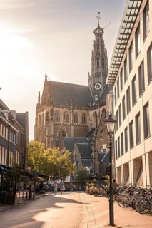 Historic St. Bavokerk Church at sunset