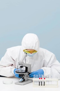 Scientist looking through microscope with copy space