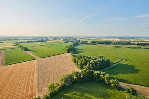 Aerial view over the fields and forests near Woerth an der Donau