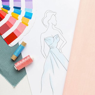 Top view sewing set with fabric samples thread