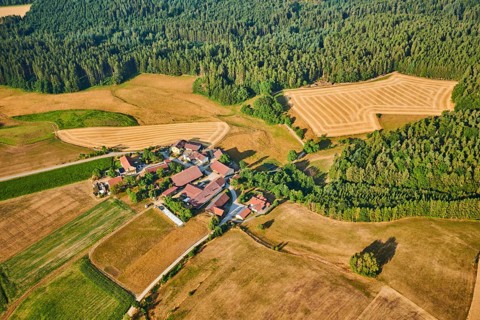 Aerial view over the fields and forests near Woerth an der Donau