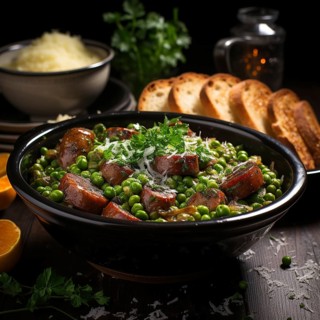 Pea soup with sausage and bread