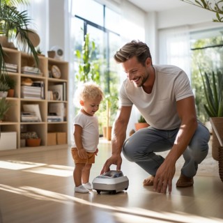Family man vacuuming in the household