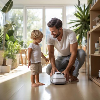 Family man vacuuming in the household