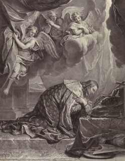 Louis XIV kneeling in front of the Cross and Crown of Thorns