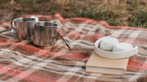 Camping outdoors with book mugs hot drinks