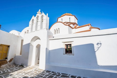 Archway with bells of the Chapel of Agios Antonios and Greek Orthodox Church of Metamorfosi Sotiros
