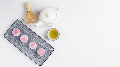 Top view matcha tea mochis