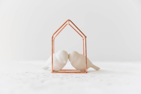 Two white lovebirds metal house
