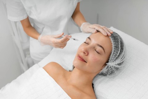 Beautician doing injection filler female client salon