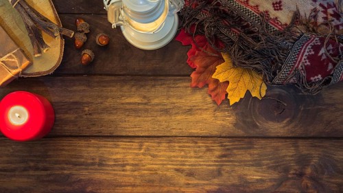 Cozy autumn composition with lantern leaves