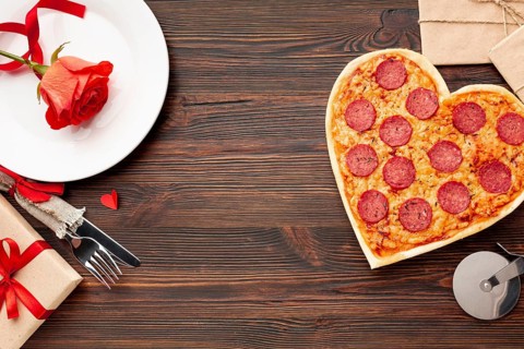 Lovely arrangement valentines day dinner with heart shaped pizza