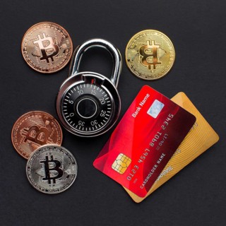 Top view credit cards with lock bitcoin