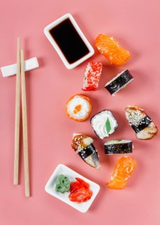 Flat lay traditional japanese sushi assortment