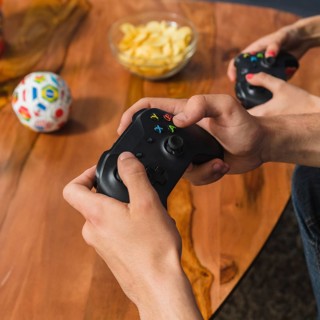 Boys playing with console