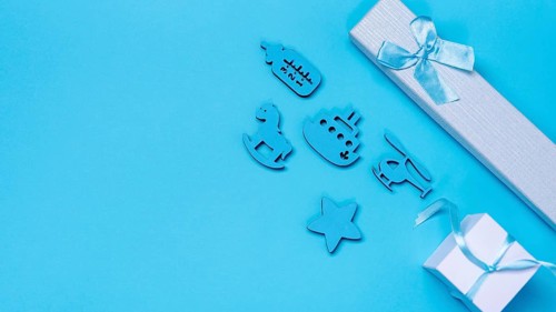 Top view cute little baby boy accesories with copy space
