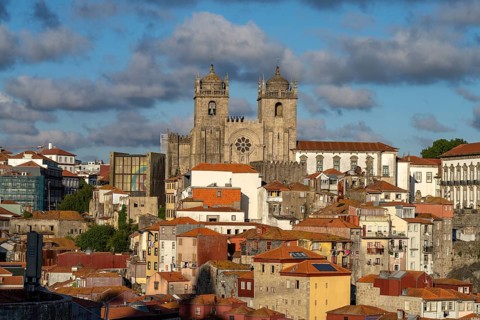 View from the Miradouro da Vitoria of the old town with the Se Cathedral in Porto