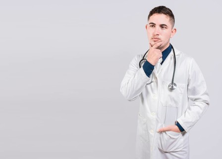 Pensive doctor man looking up. Young doctor thinking and looking up isolated