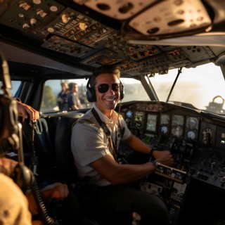 Proud pilots sit in the cockpit of their plane