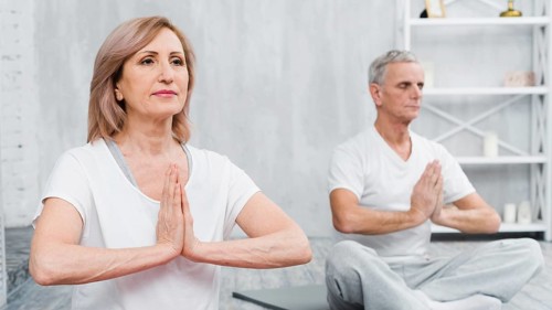 Healthy old couple sitting lotus pose with praying hands