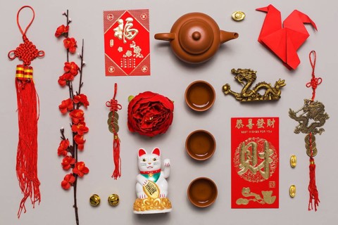 Tea set amidst various decorations