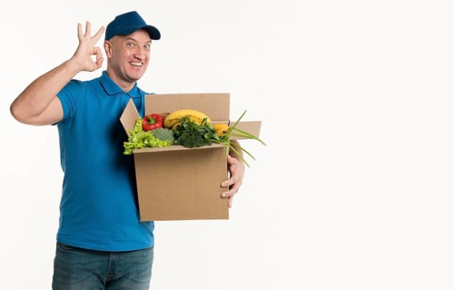 Delivery man holding grocery box showing okay sign