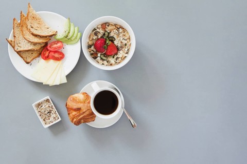 Overhead view healthy breakfast with coffee