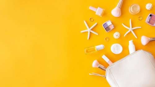 Bag with cosmetics copy space