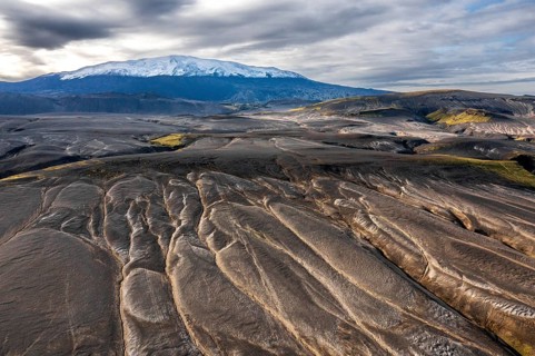 Landscape around snow-covered volcano Hekla