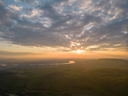 Aerial view of sunrise over the Danube