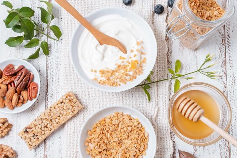 Top view yogurt bowl with oats table