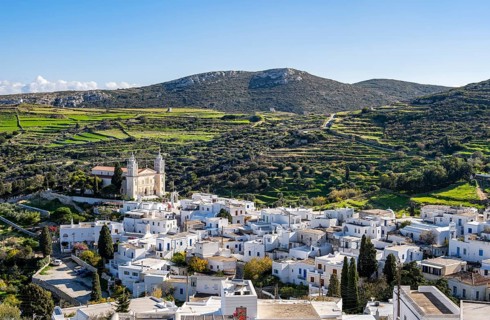 View over the village of Lefkes with white Cycladic houses