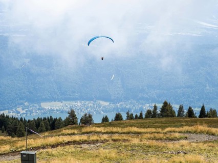 Paragliders and gliders over Lake Ossiach
