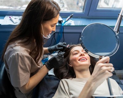 Beautician doing eyebrow treatment her client