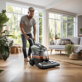 Family man vacuuming in the household