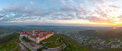 Aerial view of Goettweig Abbey and sunrise over the Danube