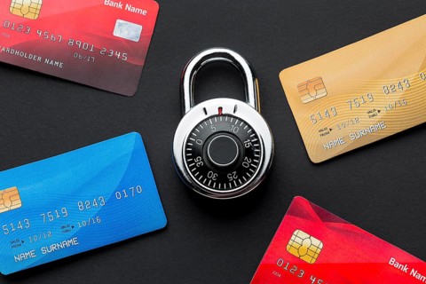 Top view credit cards with lock