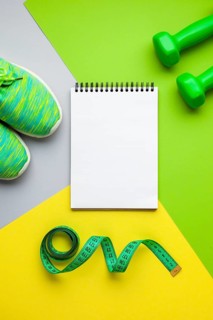 Top view sports equipment notebook mock up
