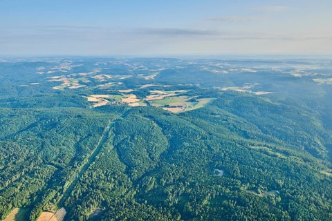 Aerial view over the fields and forests near Woerth an der Donau