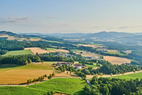 Aerial view over the fields and forests near Woerth an der Donau