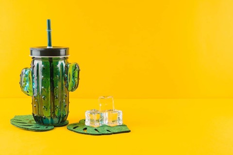 Glass cactus juice jar crystal ice cubes leaves coasters against yellow backdrop