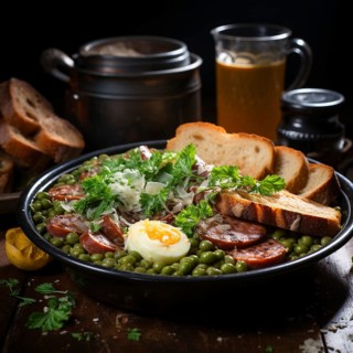 Pea soup with sausage and bread